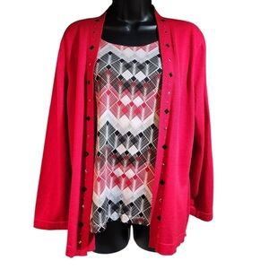 Alfred Dunner Women's Cardigan Geometric Rhinestone and Attached Tank Size S